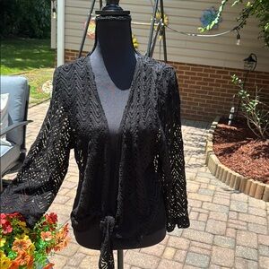 Black Lightweight Crochet Tie-Front Cover-Up